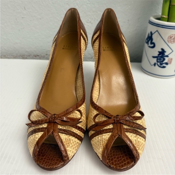 Stuart Weitzman BrownTan Raffia Peep-Toe Heels Size 10M